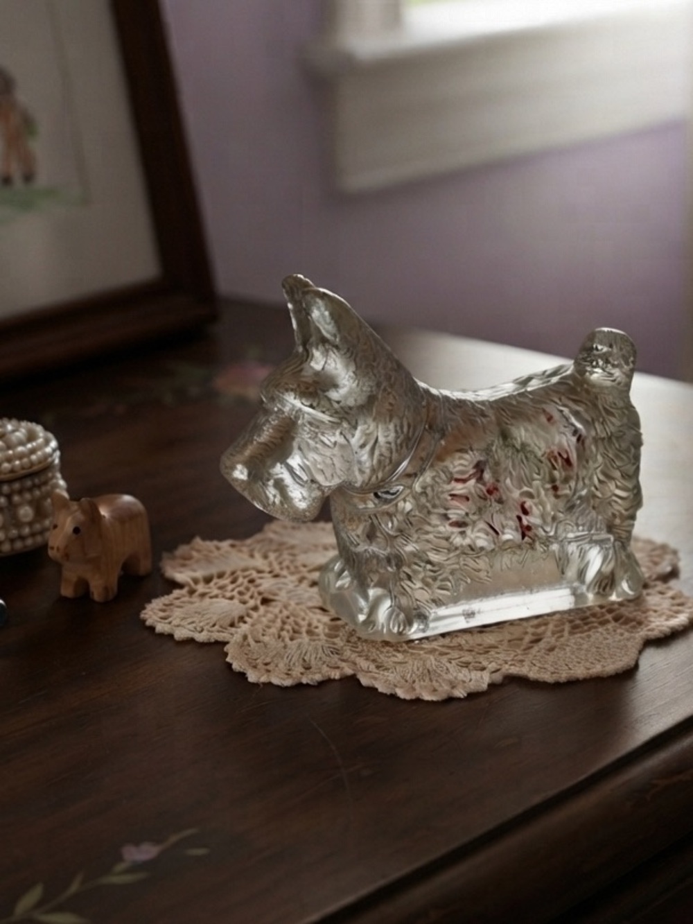 Vintage pressed glass Scottie dog figural candy container, clear glass